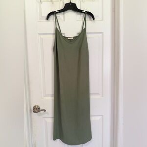 See You Monday Green Minimalist Strap Slip Dress SZ Large V-Neck Satin Silk Feel